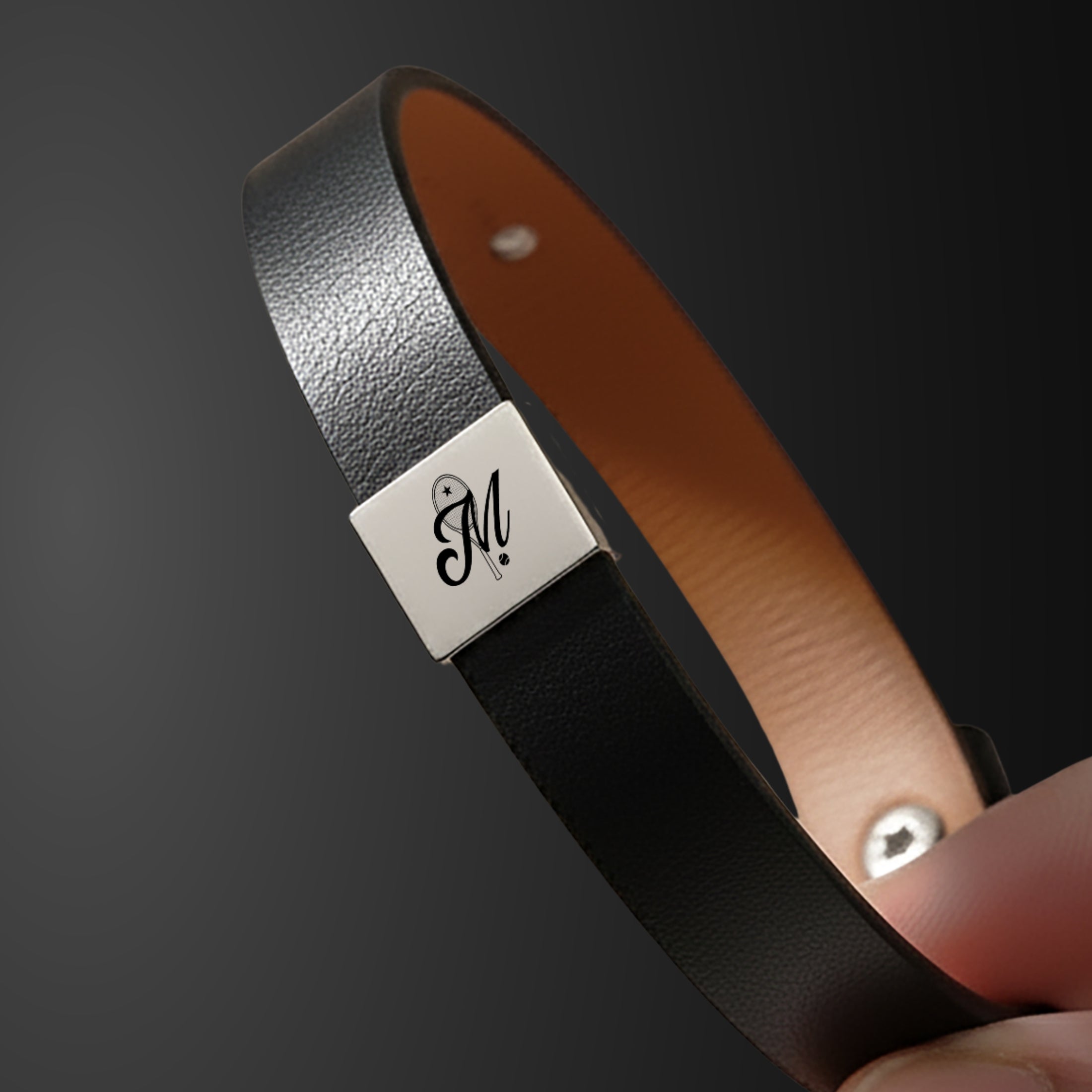 Men's Leather Tennis Bracelet Custom Engraved Retro Monogram