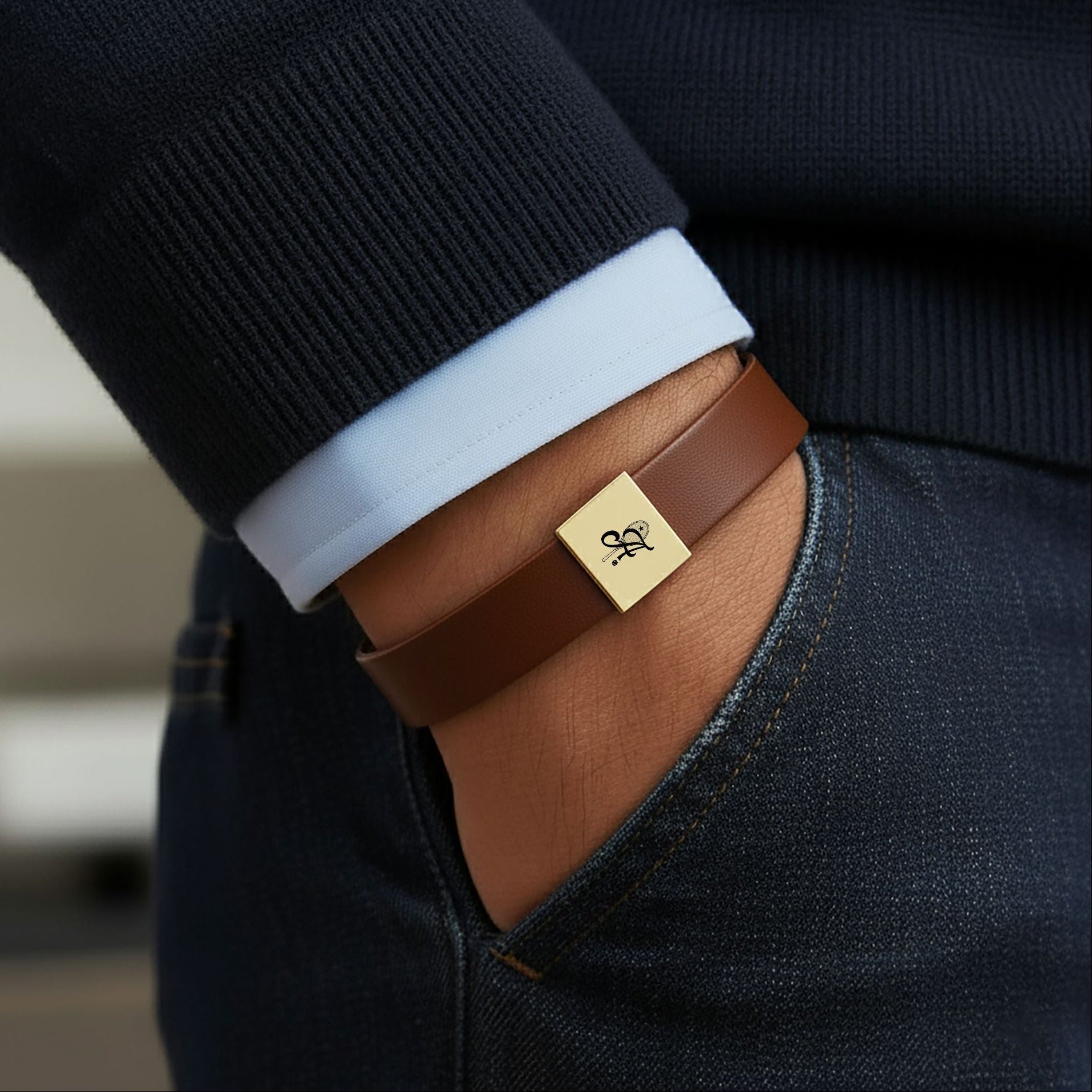 Men's Leather Tennis Bracelet Custom Engraved Retro Monogram